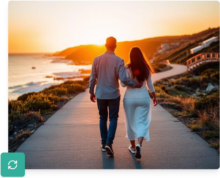 Photograph of two people walking along a beach